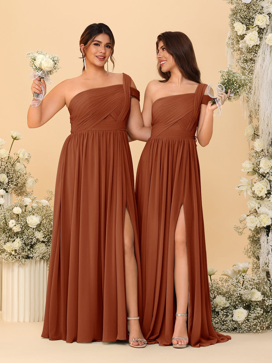 A-Line/Princess One-Shoulder Sleeveless Floor-Length Ruched Bridesmaid Dresses With Side Slit Burnt Orange