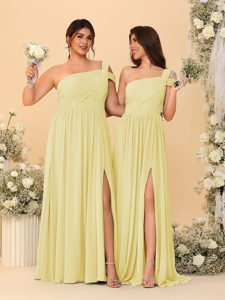 A-Line/Princess One-Shoulder Sleeveless Floor-Length Ruched Bridesmaid Dresses With Side Slit Canary