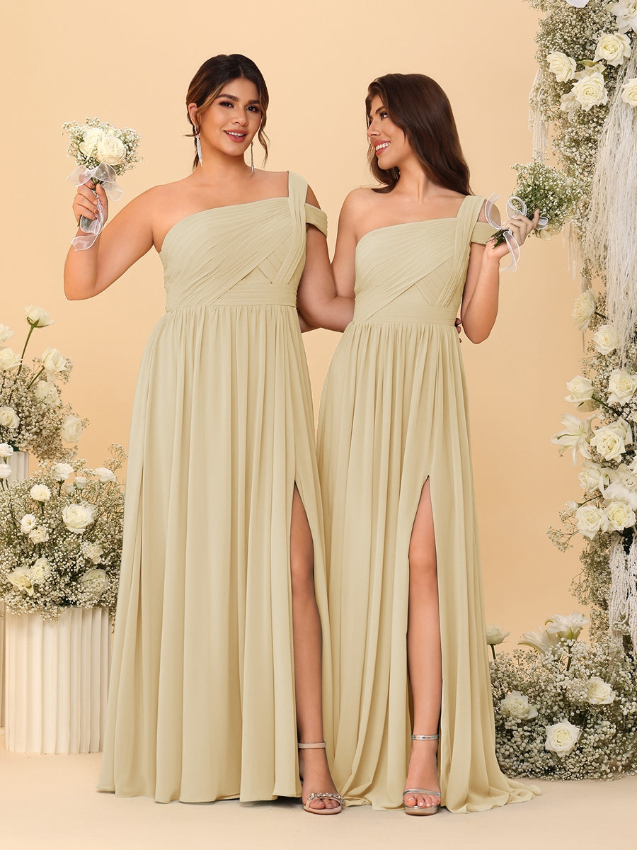 A-Line/Princess One-Shoulder Sleeveless Floor-Length Ruched Bridesmaid Dresses With Side Slit Champagne