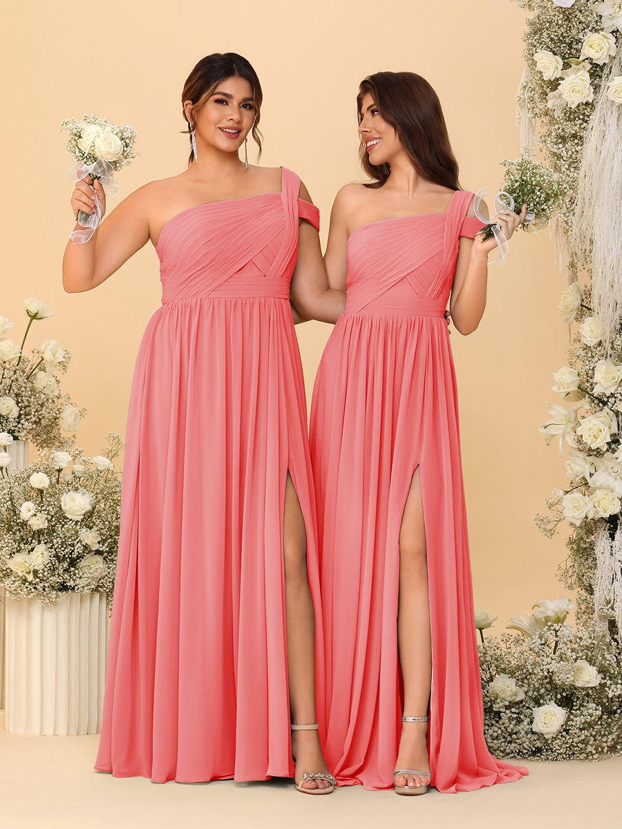A-Line/Princess One-Shoulder Sleeveless Floor-Length Ruched Bridesmaid Dresses With Side Slit Coral