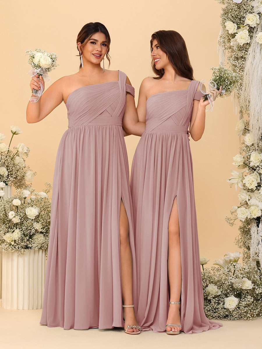 A-Line/Princess One-Shoulder Sleeveless Floor-Length Ruched Bridesmaid Dresses With Side Slit Dusty Pink