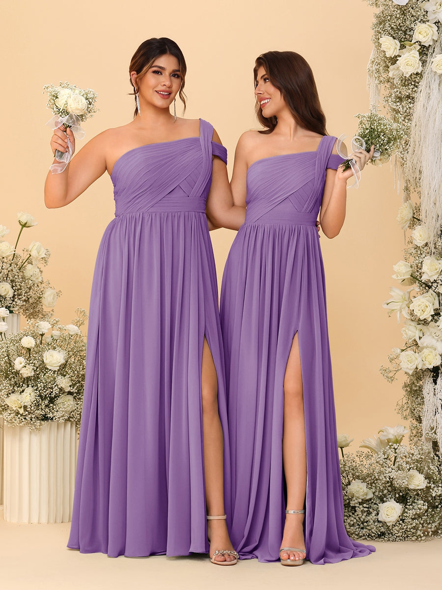 A-Line/Princess One-Shoulder Sleeveless Floor-Length Ruched Bridesmaid Dresses With Side Slit Dusty Purple