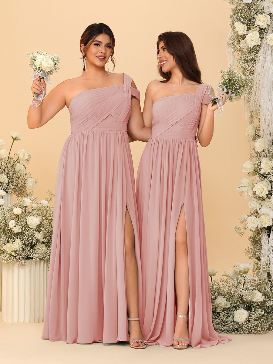 A-Line/Princess One-Shoulder Sleeveless Floor-Length Ruched Bridesmaid Dresses With Side Slit Dusty Rose