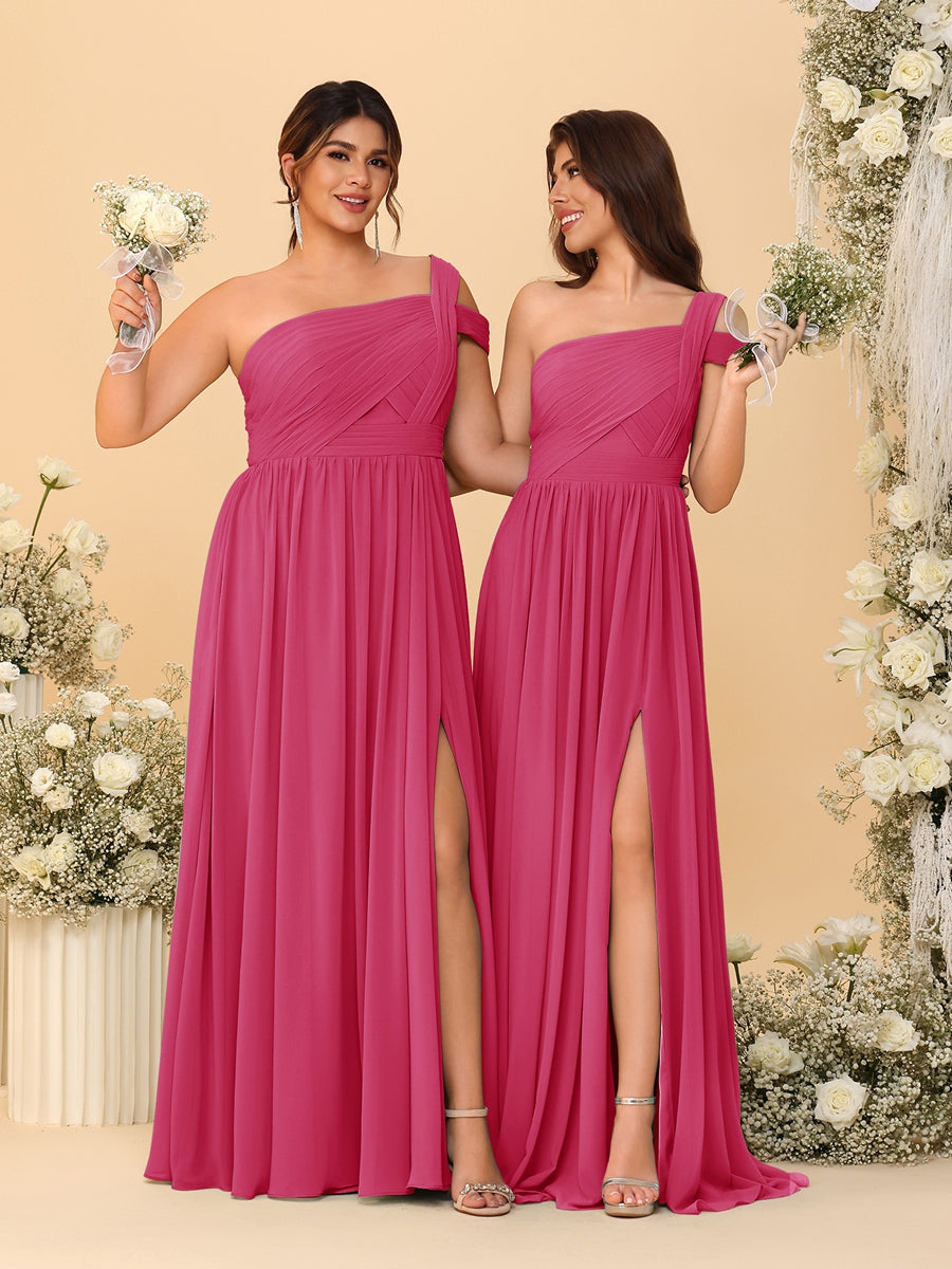 A-Line/Princess One-Shoulder Sleeveless Floor-Length Ruched Bridesmaid Dresses With Side Slit Fuchsia