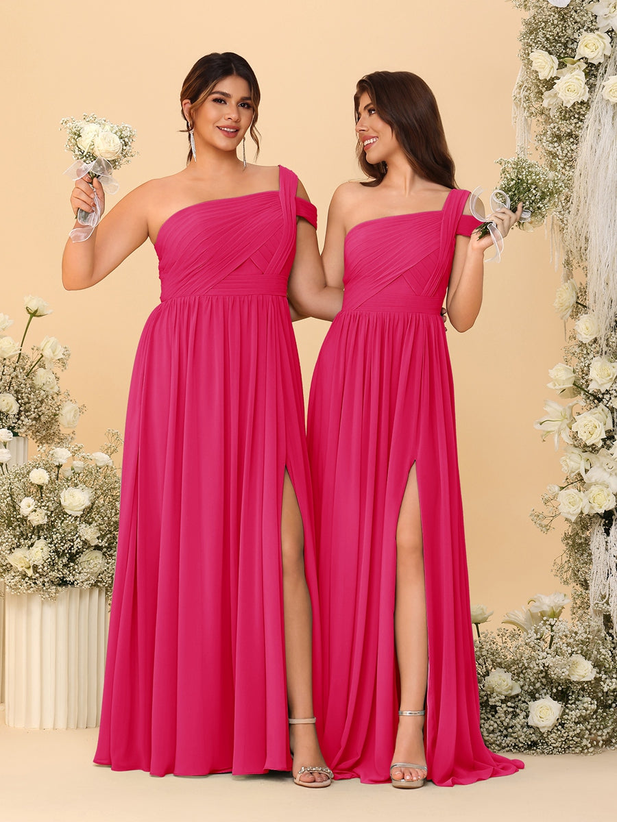 A-Line/Princess One-Shoulder Sleeveless Floor-Length Ruched Bridesmaid Dresses With Side Slit Fuchsia Pink