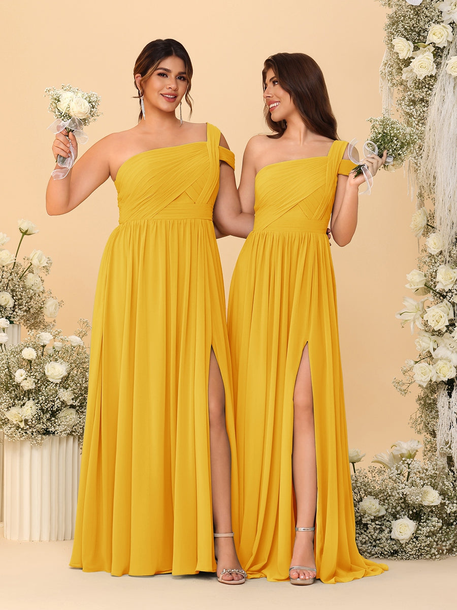 A-Line/Princess One-Shoulder Sleeveless Floor-Length Ruched Bridesmaid Dresses With Side Slit Gold