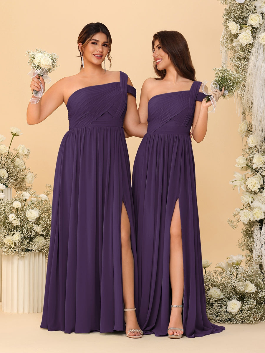 A-Line/Princess One-Shoulder Sleeveless Floor-Length Ruched Bridesmaid Dresses With Side Slit Grape