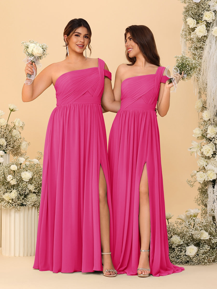 A-Line/Princess One-Shoulder Sleeveless Floor-Length Ruched Bridesmaid Dresses With Side Slit Hot Pink