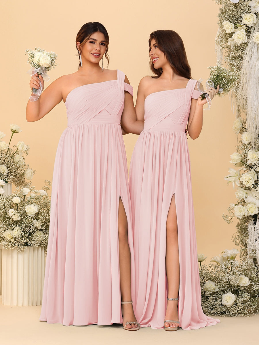 A-Line/Princess One-Shoulder Sleeveless Floor-Length Ruched Bridesmaid Dresses With Side Slit Light Pink