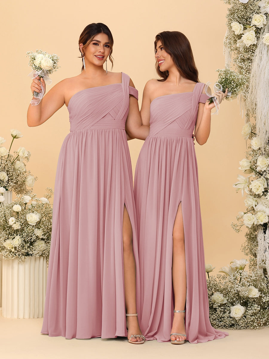 A-Line/Princess One-Shoulder Sleeveless Floor-Length Ruched Bridesmaid Dresses With Side Slit Mauve