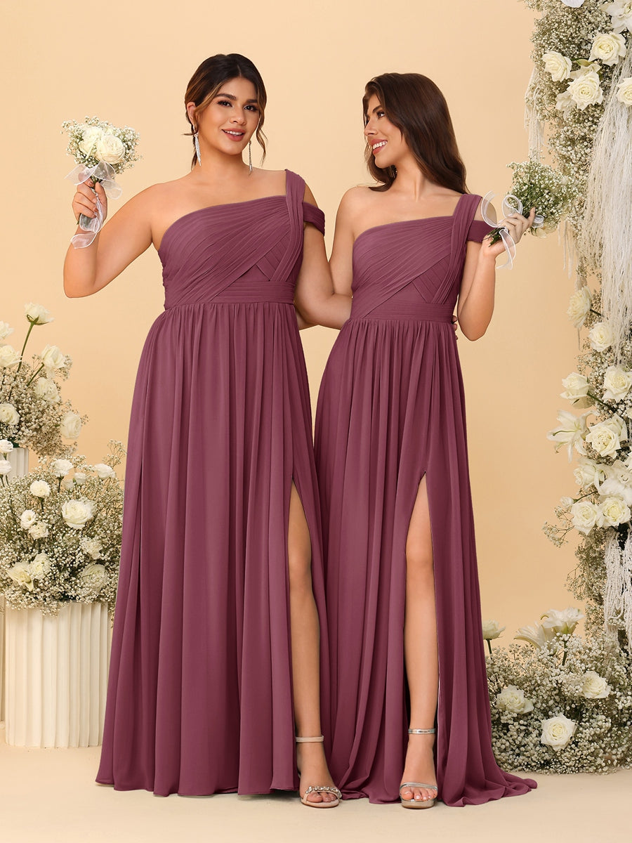 A-Line/Princess One-Shoulder Sleeveless Floor-Length Ruched Bridesmaid Dresses With Side Slit Mulberry