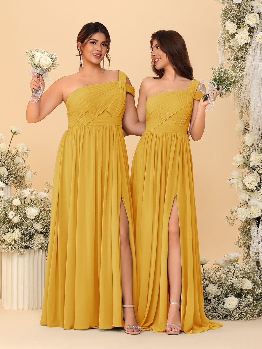 A-Line/Princess One-Shoulder Sleeveless Floor-Length Ruched Bridesmaid Dresses With Side Slit Mustard Yellow