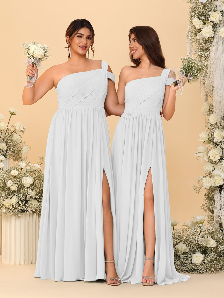 A-Line/Princess One-Shoulder Sleeveless Floor-Length Ruched Bridesmaid Dresses With Side Slit Off White