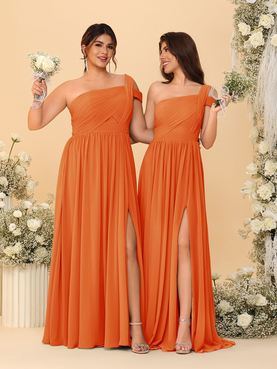 A-Line/Princess One-Shoulder Sleeveless Floor-Length Ruched Bridesmaid Dresses With Side Slit Orange