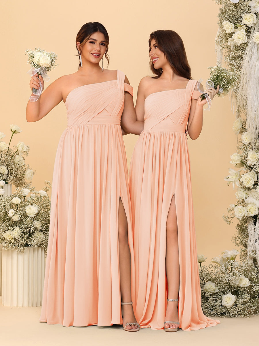 A-Line/Princess One-Shoulder Sleeveless Floor-Length Ruched Bridesmaid Dresses With Side Slit Peach Pink