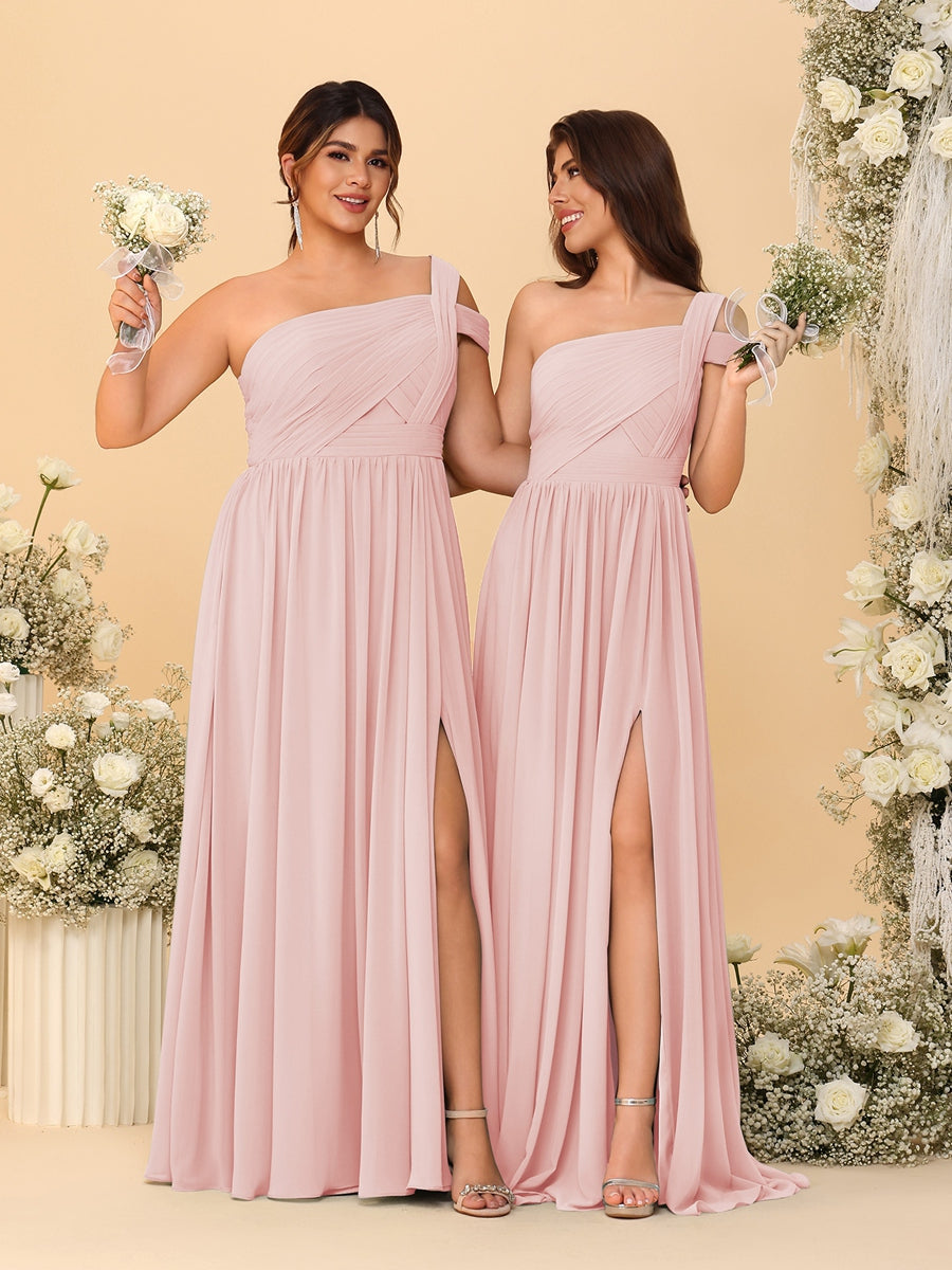 A-Line/Princess One-Shoulder Sleeveless Floor-Length Ruched Bridesmaid Dresses With Side Slit Pearl Pink