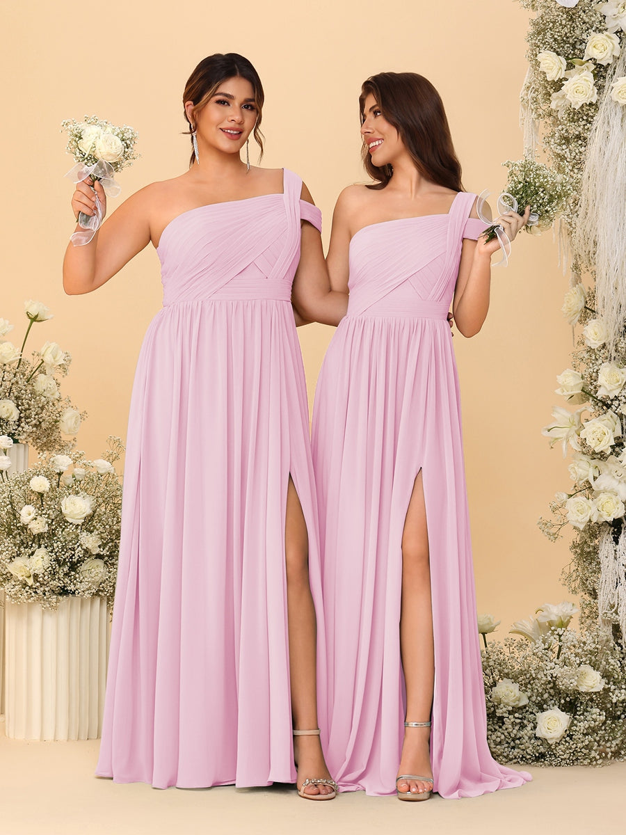 A-Line/Princess One-Shoulder Sleeveless Floor-Length Ruched Bridesmaid Dresses With Side Slit Pink