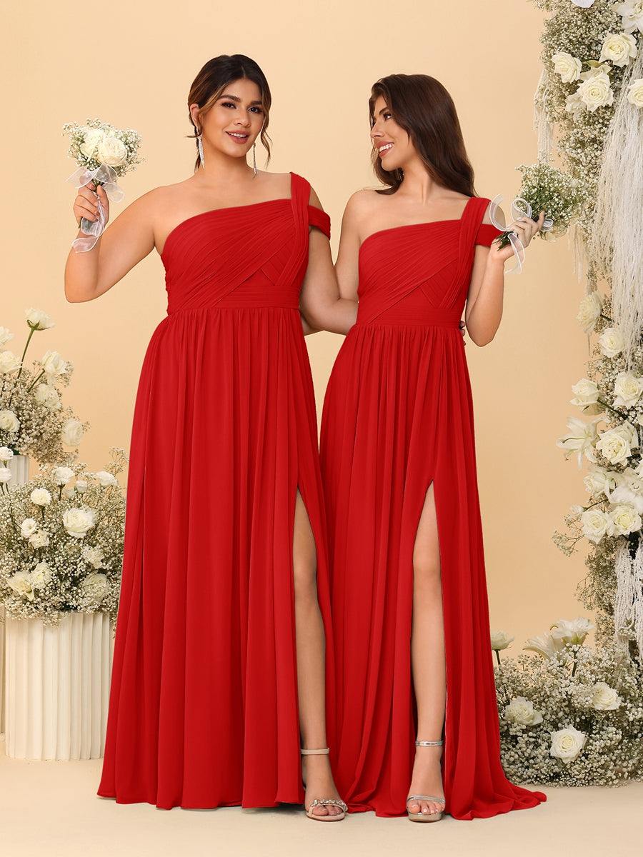 A-Line/Princess One-Shoulder Sleeveless Floor-Length Ruched Bridesmaid Dresses With Side Slit Red