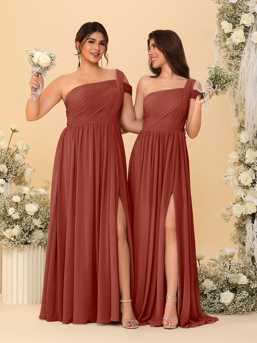 A-Line/Princess One-Shoulder Sleeveless Floor-Length Ruched Bridesmaid Dresses With Side Slit Rust
