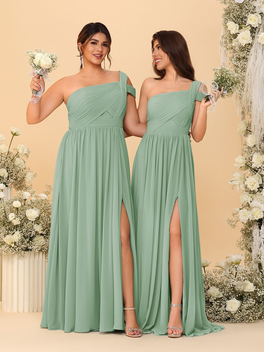 A-Line/Princess One-Shoulder Sleeveless Floor-Length Ruched Bridesmaid Dresses With Side Slit Sage