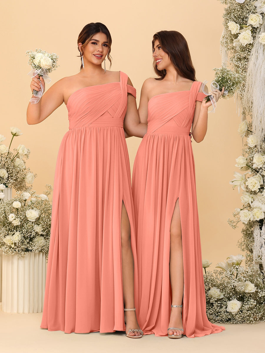 A-Line/Princess One-Shoulder Sleeveless Floor-Length Ruched Bridesmaid Dresses With Side Slit Salmon