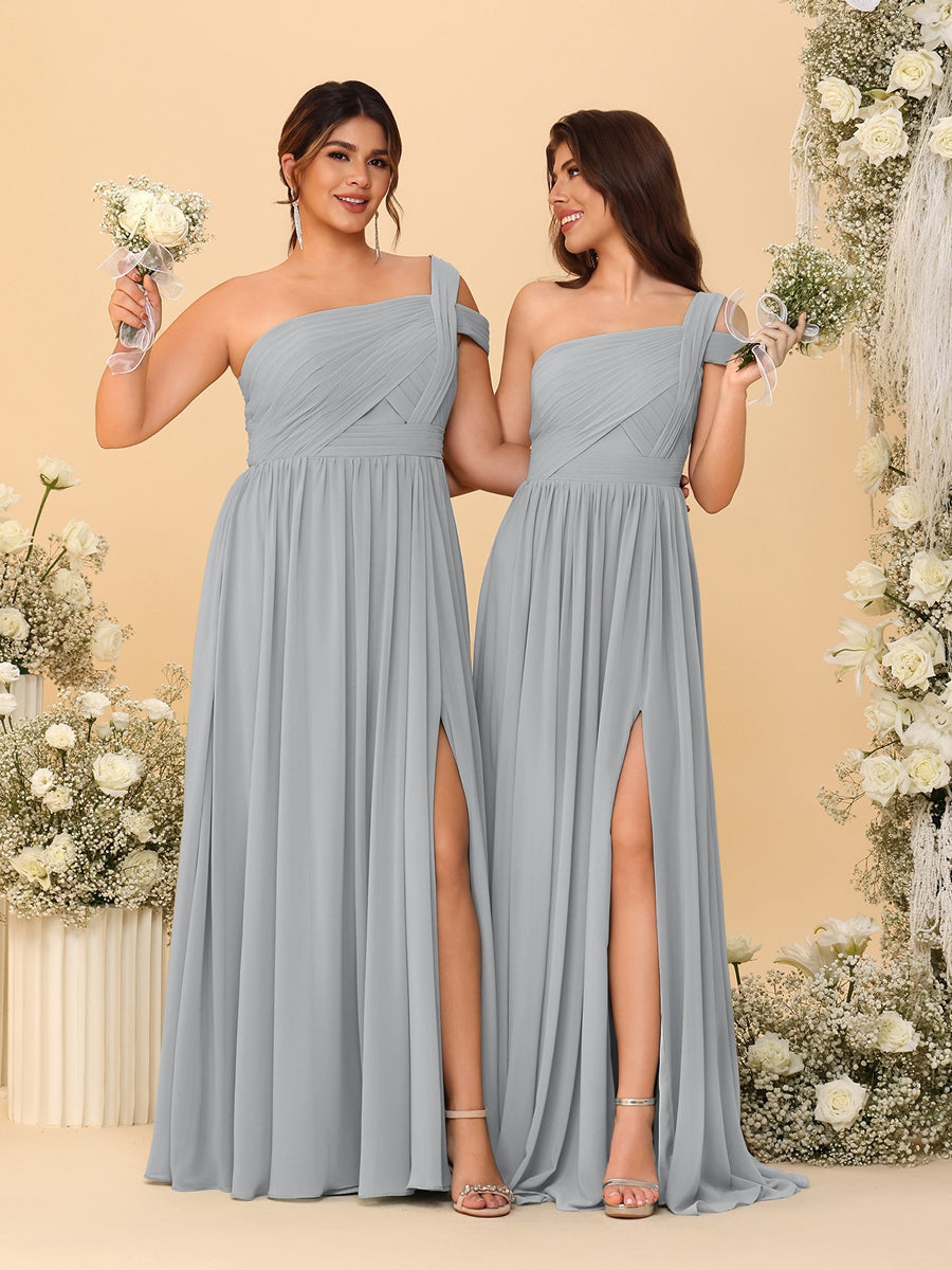 A-Line/Princess One-Shoulder Sleeveless Floor-Length Ruched Bridesmaid Dresses With Side Slit Silver