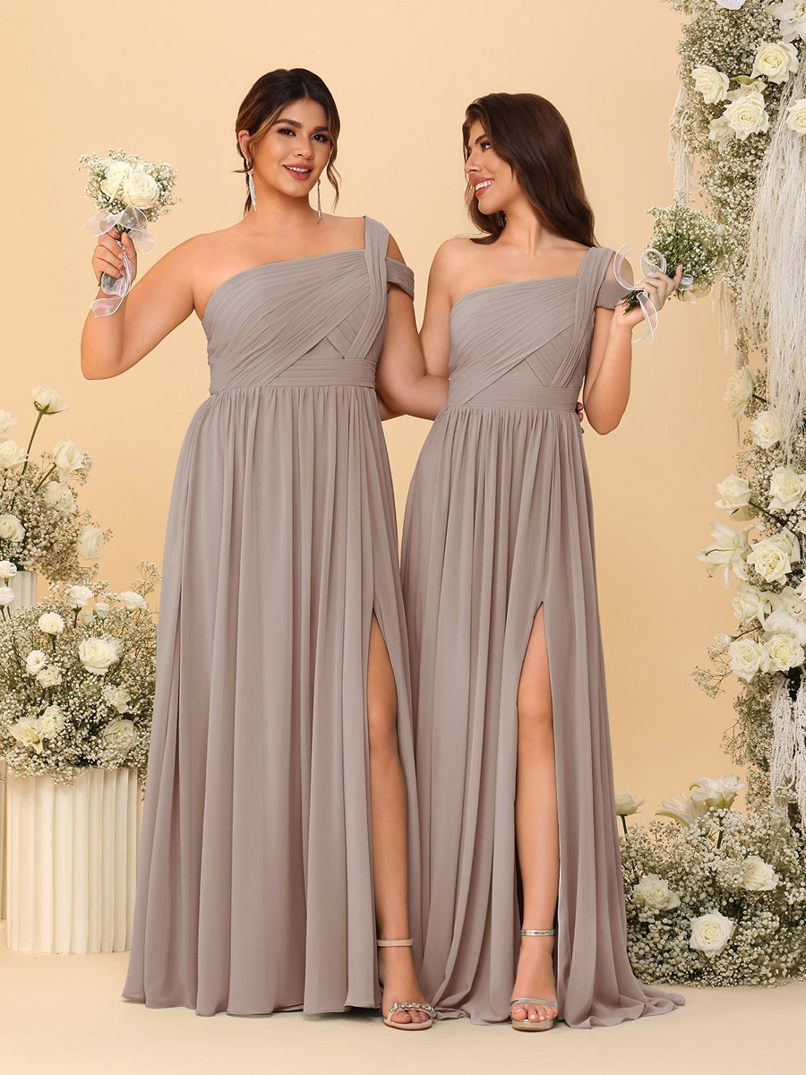 A-Line/Princess One-Shoulder Sleeveless Floor-Length Ruched Bridesmaid Dresses With Side Slit Taupe