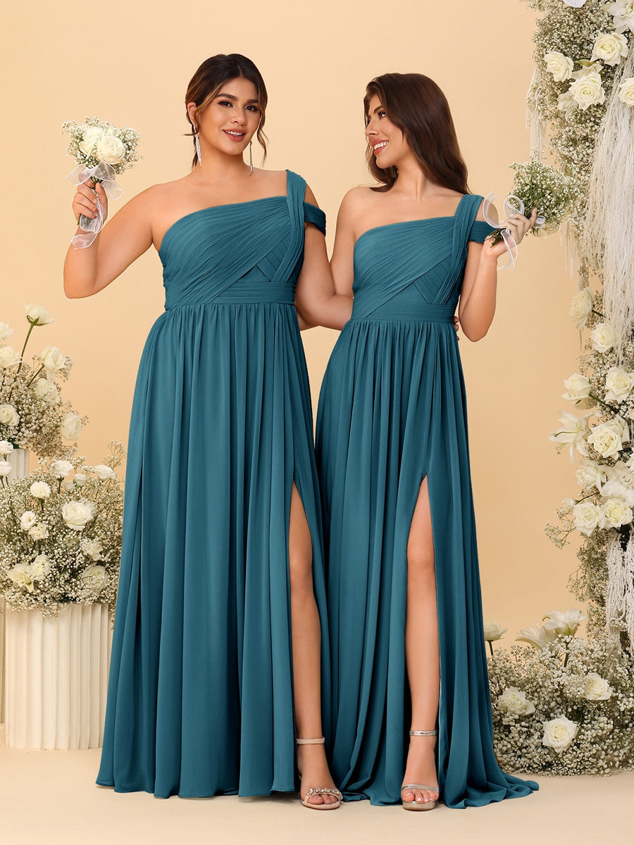 A-Line/Princess One-Shoulder Sleeveless Floor-Length Ruched Bridesmaid Dresses With Side Slit Teal