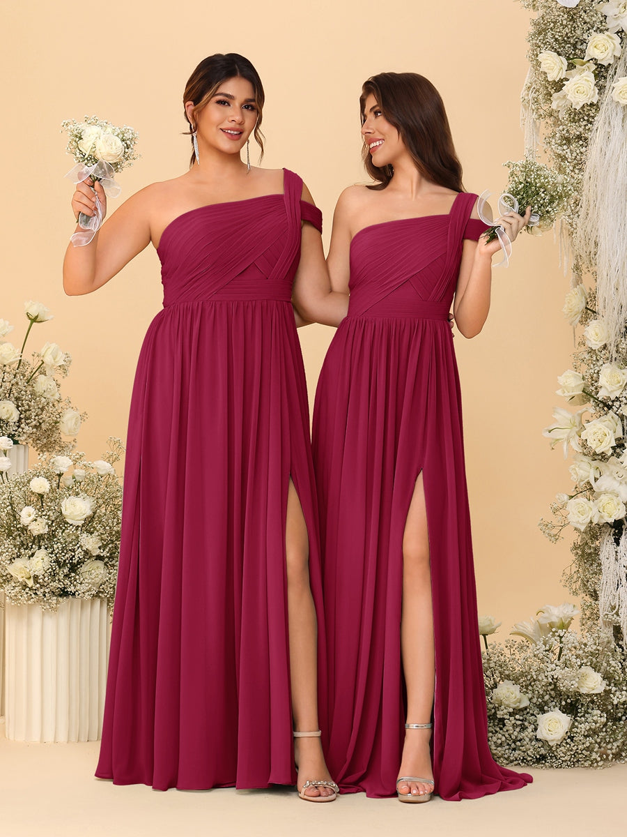 A-Line/Princess One-Shoulder Sleeveless Floor-Length Ruched Bridesmaid Dresses With Side Slit Wine Red