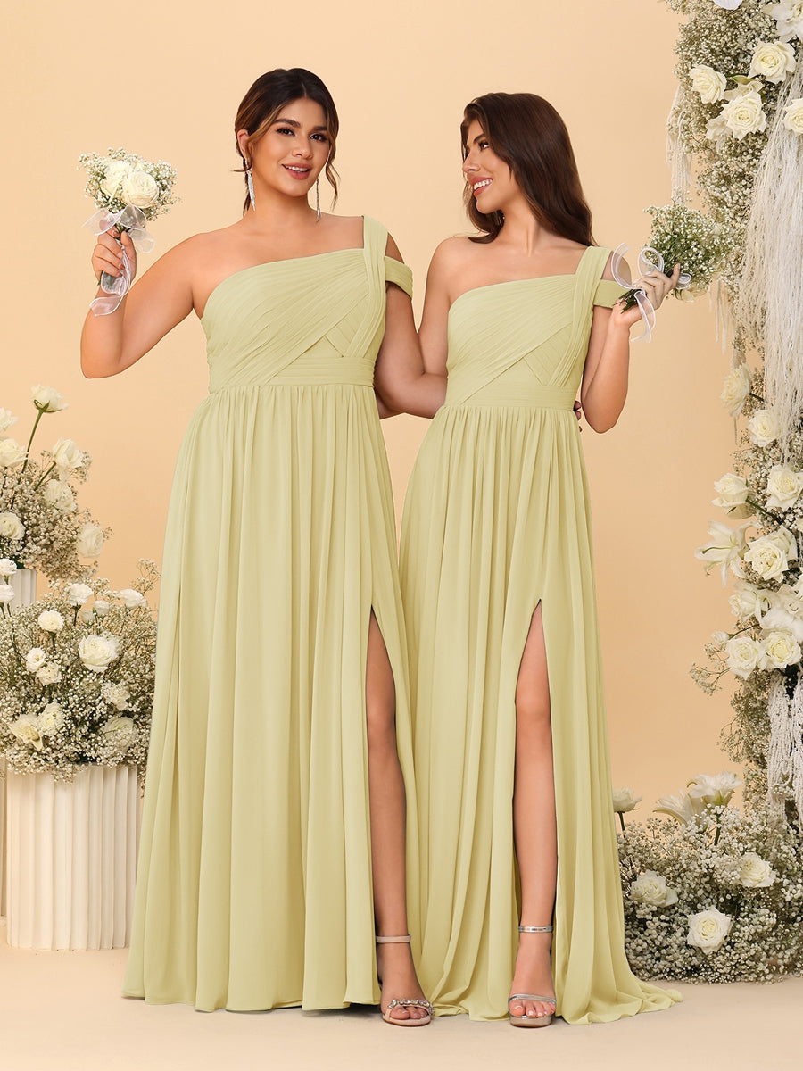 A-Line/Princess One-Shoulder Sleeveless Floor-Length Ruched Bridesmaid Dresses With Side Slit Yellow