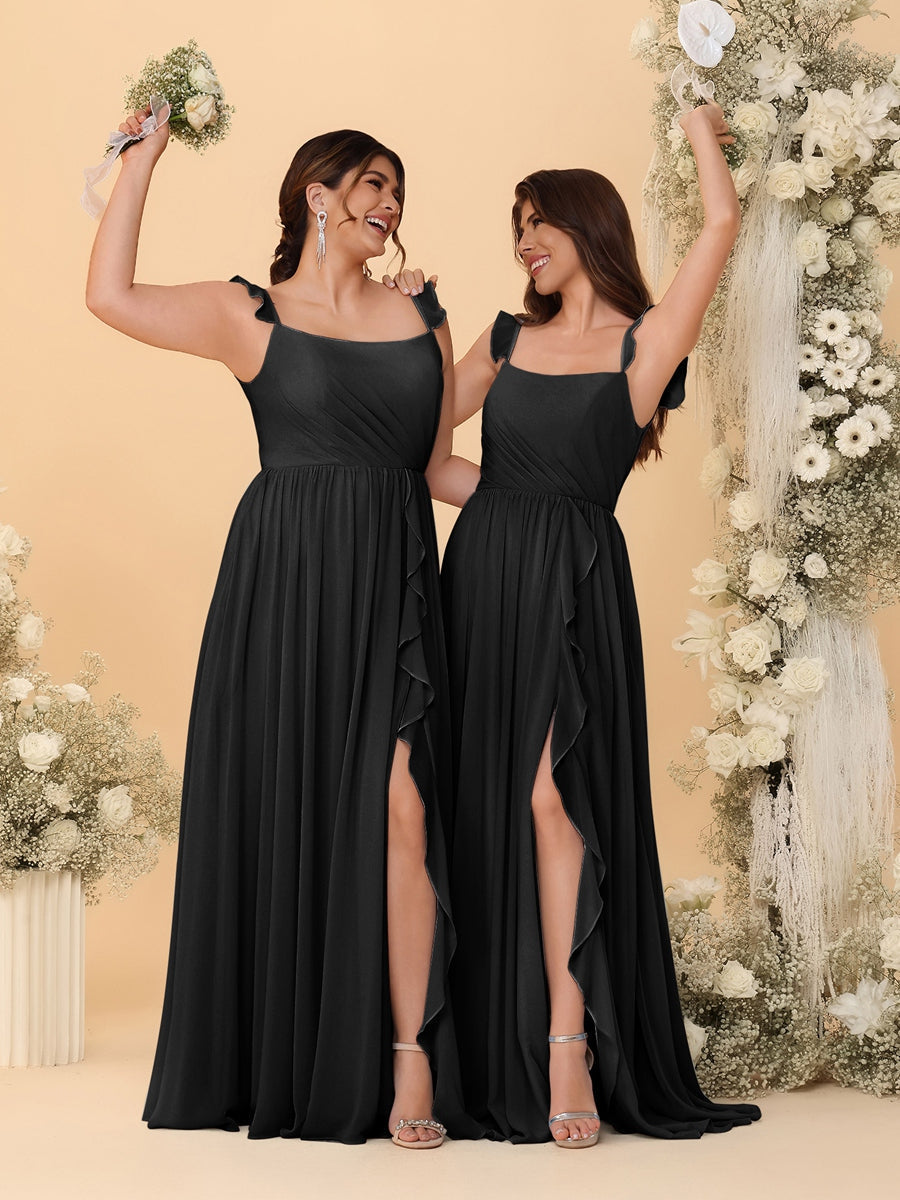 A-Line/Princess Square Neck Sleeveless Ruched Bridesmaid Dresses With Side Slit & Ruffles Black