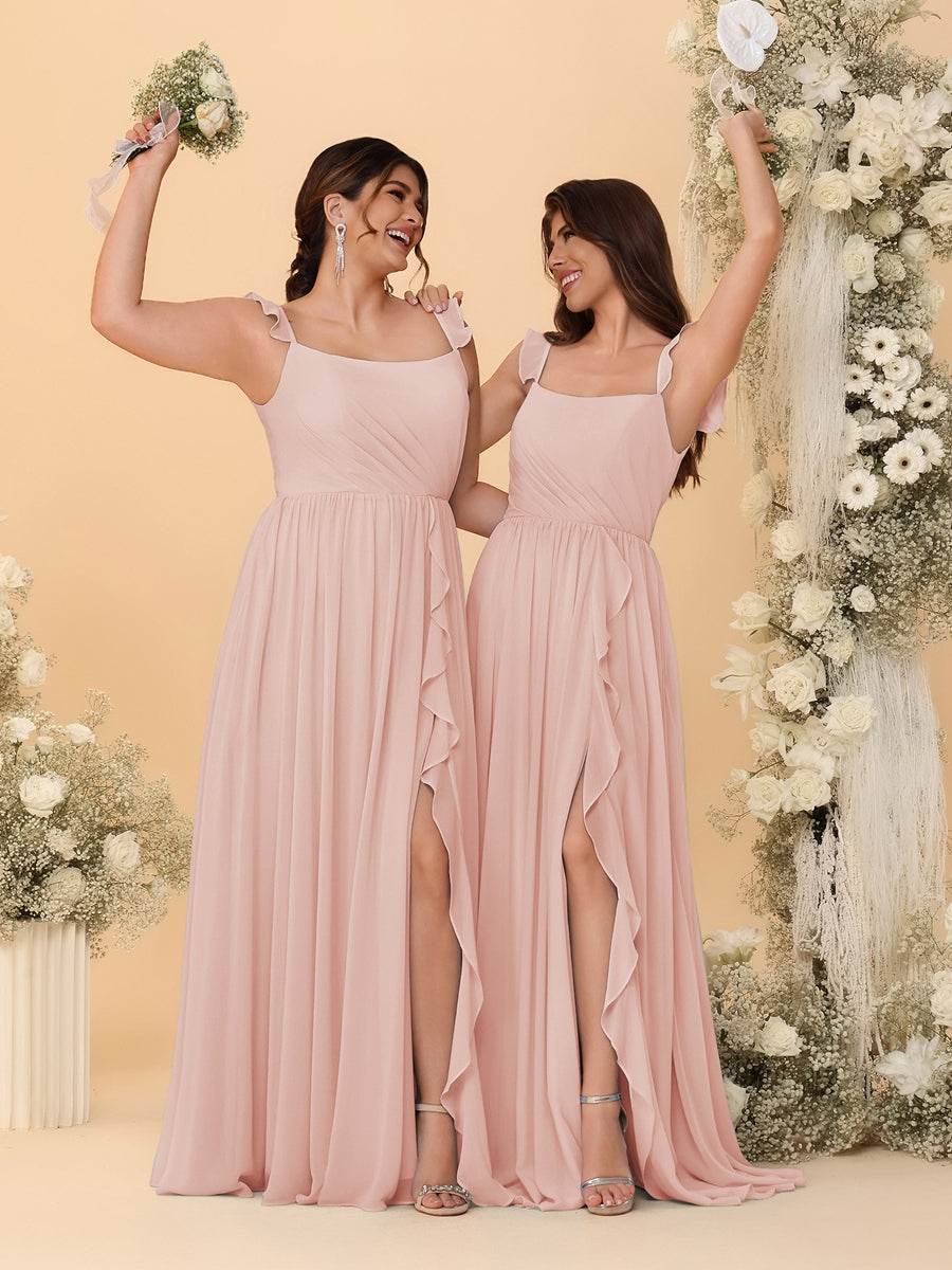 A-Line/Princess Square Neck Sleeveless Ruched Bridesmaid Dresses With Side Slit & Ruffles Blush Pink