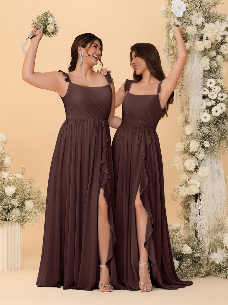 A-Line/Princess Square Neck Sleeveless Ruched Bridesmaid Dresses With Side Slit & Ruffles Brown