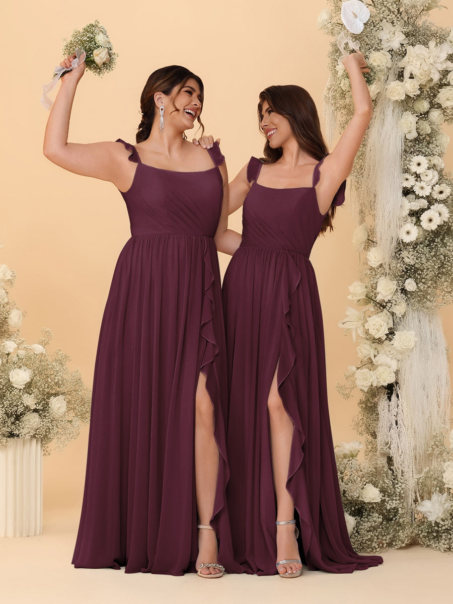 A-Line/Princess Square Neck Sleeveless Ruched Bridesmaid Dresses With Side Slit & Ruffles Burgundy
