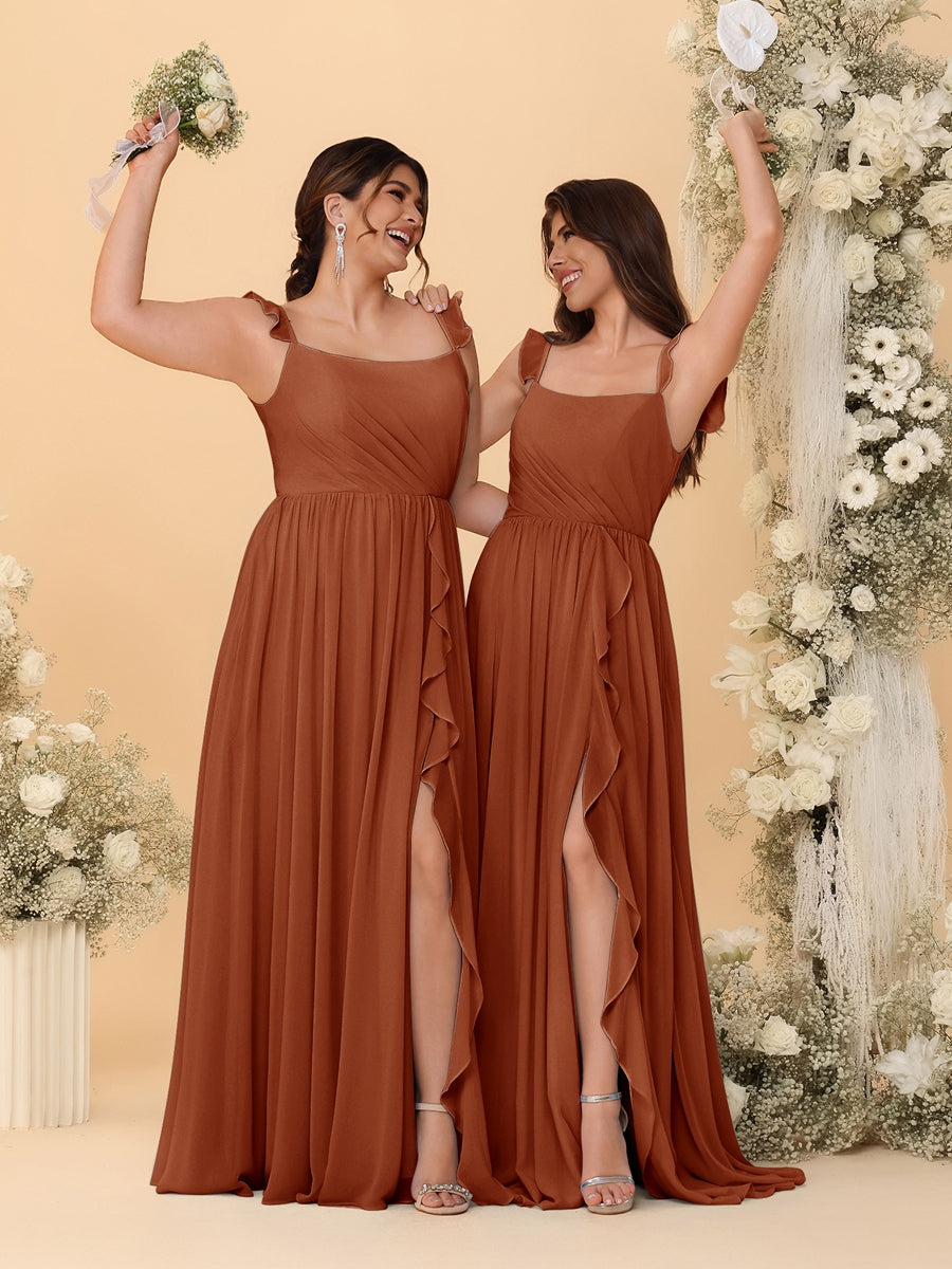 A-Line/Princess Square Neck Sleeveless Ruched Bridesmaid Dresses With Side Slit & Ruffles Burnt Orange