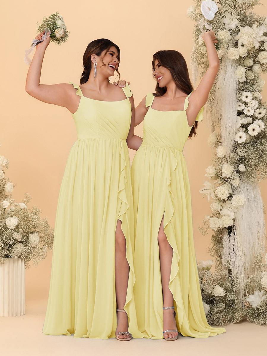 A-Line/Princess Square Neck Sleeveless Ruched Bridesmaid Dresses With Side Slit & Ruffles Canary