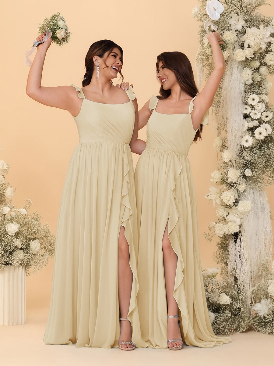 A-Line/Princess Square Neck Sleeveless Ruched Bridesmaid Dresses With Side Slit & Ruffles Champagne