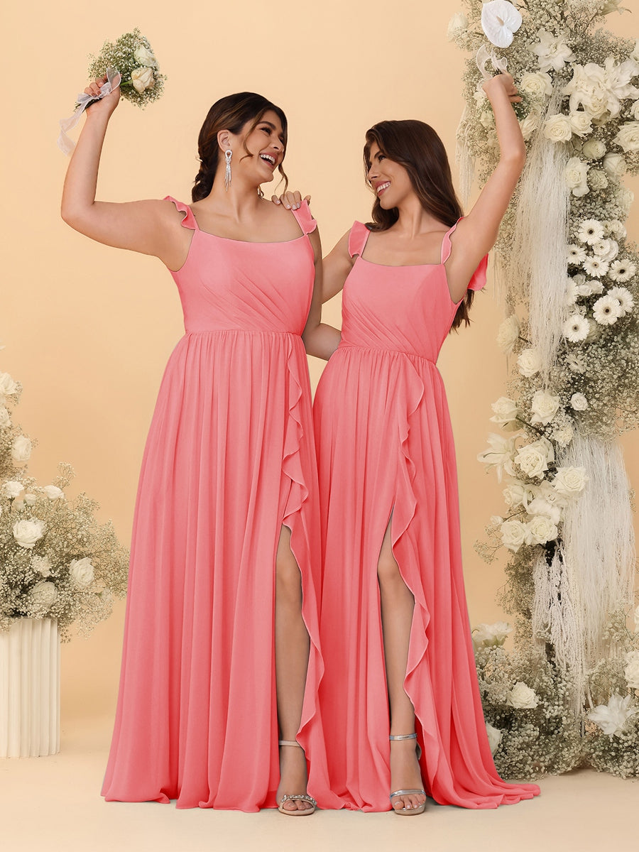 A-Line/Princess Square Neck Sleeveless Ruched Bridesmaid Dresses With Side Slit & Ruffles Coral