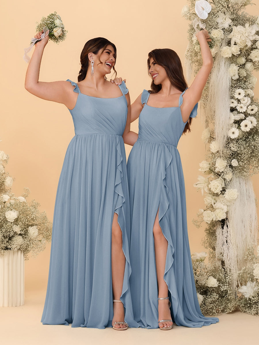 A-Line/Princess Square Neck Sleeveless Ruched Bridesmaid Dresses With Side Slit & Ruffles Dusty Blue