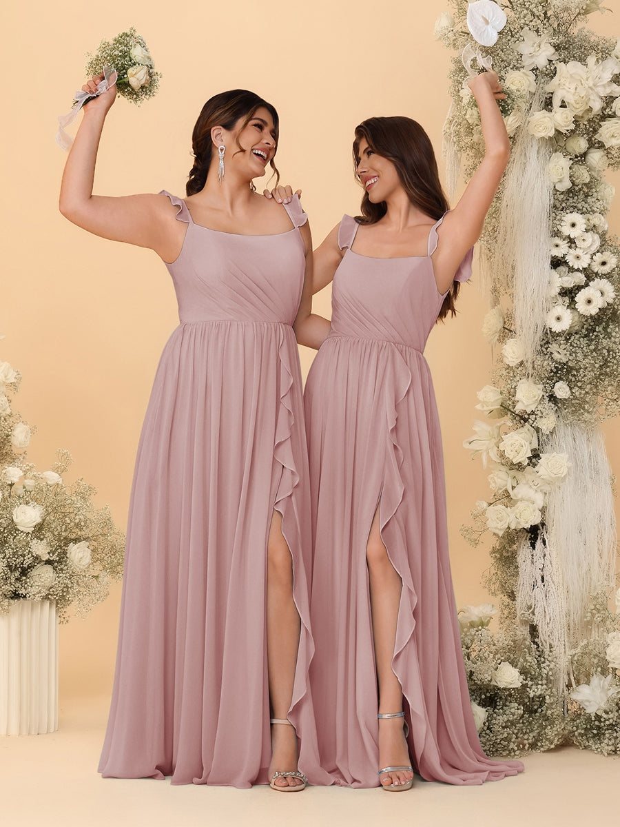 A-Line/Princess Square Neck Sleeveless Ruched Bridesmaid Dresses With Side Slit & Ruffles Dusty Pink