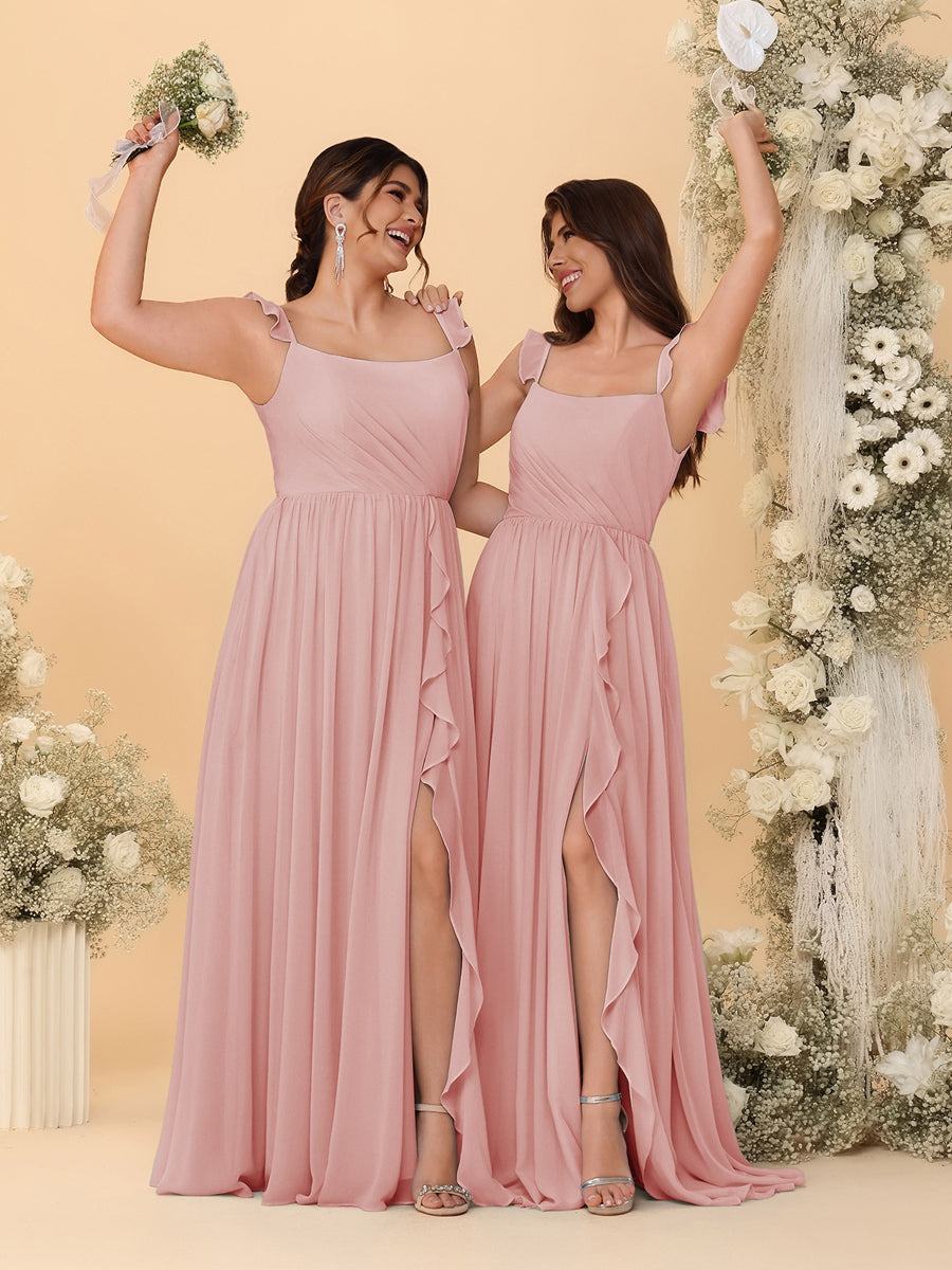 A-Line/Princess Square Neck Sleeveless Ruched Bridesmaid Dresses With Side Slit & Ruffles Dusty Rose