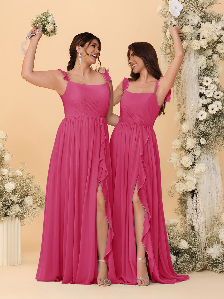 A-Line/Princess Square Neck Sleeveless Ruched Bridesmaid Dresses With Side Slit & Ruffles Fuchsia