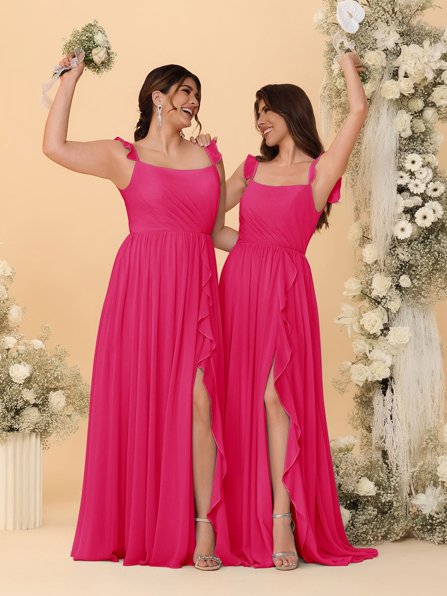 A-Line/Princess Square Neck Sleeveless Ruched Bridesmaid Dresses With Side Slit & Ruffles Fuchsia Pink