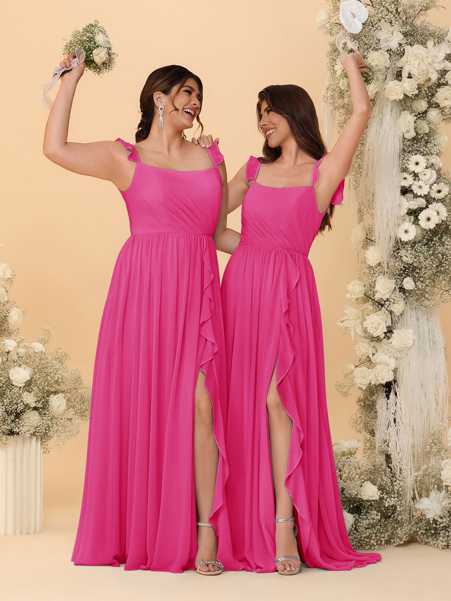 A-Line/Princess Square Neck Sleeveless Ruched Bridesmaid Dresses With Side Slit & Ruffles Hot Pink