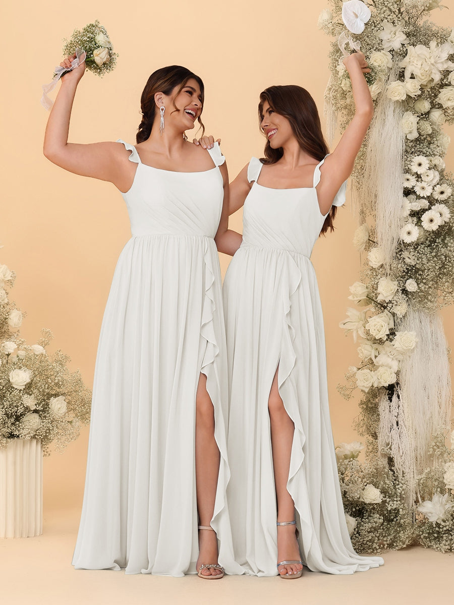 A-Line/Princess Square Neck Sleeveless Ruched Bridesmaid Dresses With Side Slit & Ruffles Ivory