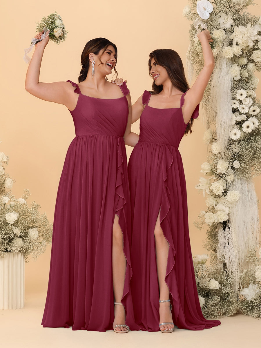 A-Line/Princess Square Neck Sleeveless Ruched Bridesmaid Dresses With Side Slit & Ruffles Light Burgundy