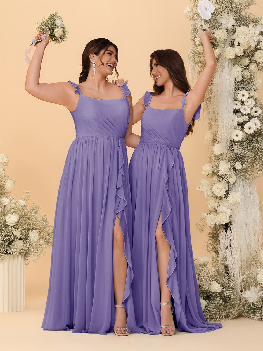 A-Line/Princess Square Neck Sleeveless Ruched Bridesmaid Dresses With Side Slit & Ruffles Light Purple