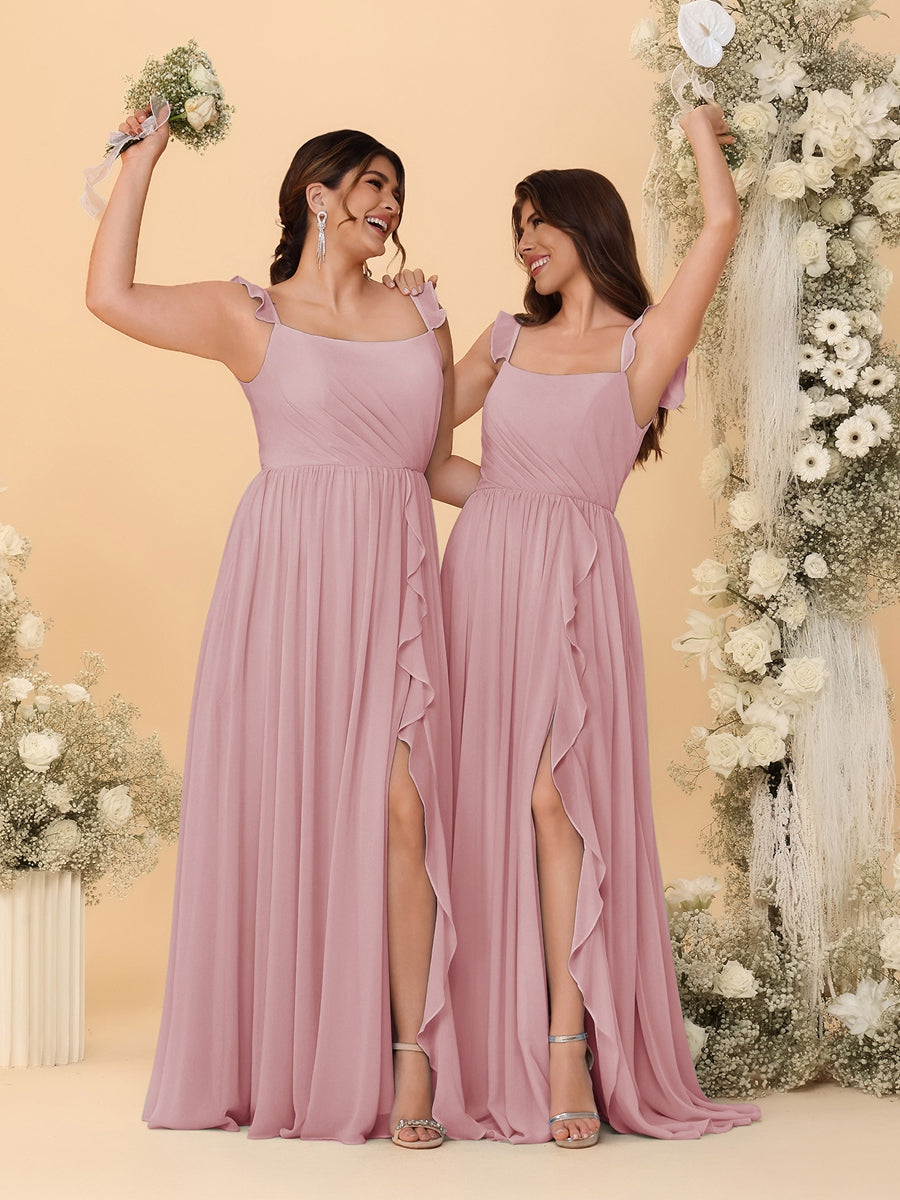A-Line/Princess Square Neck Sleeveless Ruched Bridesmaid Dresses With Side Slit & Ruffles Mauve