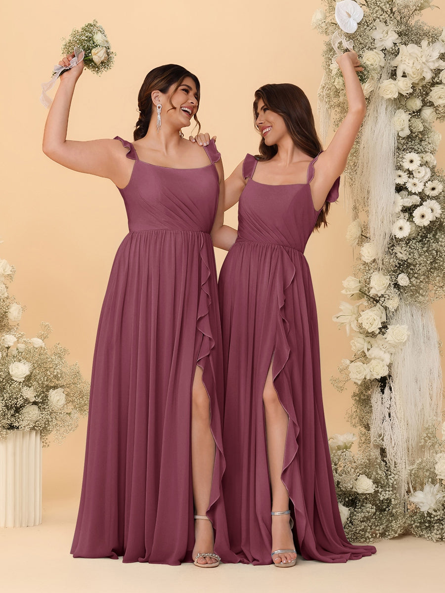 A-Line/Princess Square Neck Sleeveless Ruched Bridesmaid Dresses With Side Slit & Ruffles Mulberry