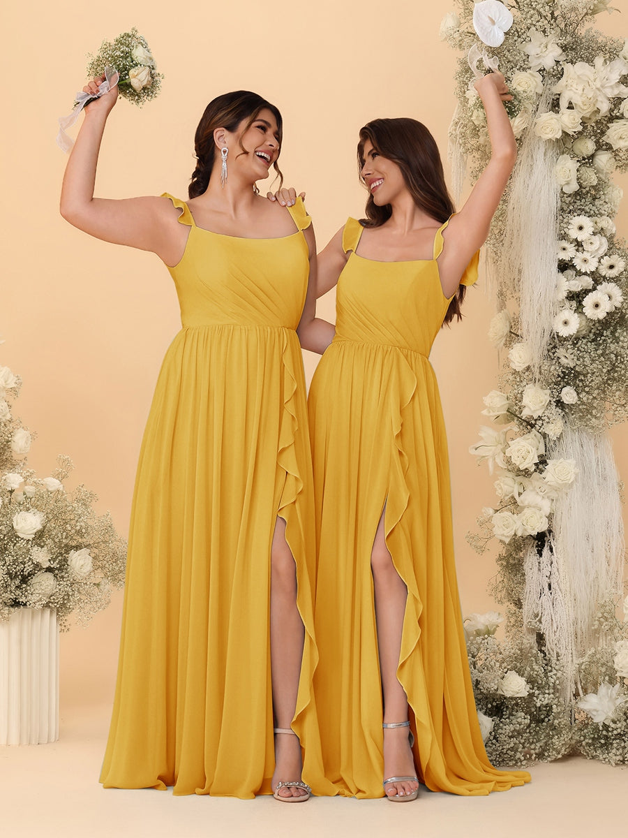 A-Line/Princess Square Neck Sleeveless Ruched Bridesmaid Dresses With Side Slit & Ruffles Mustard Yellow